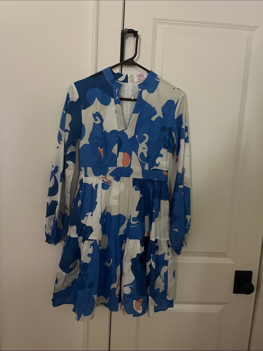 Pearl Pagoda Blue & White Abstract Print Tiered Dress